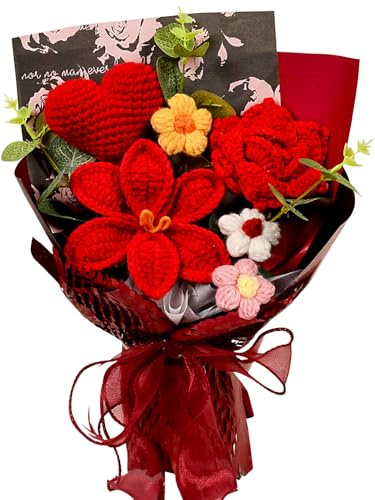 Wishwell Pop Blumenstrauß Gehäkelt, Häkelrose Tulpe Herz Blumen, Rot | Handgemachtes Blumen Geschenk für Freundin, Ehefrau und Liebste zu Valentinstag, Jahrestag, Hochzeit und Geburtstag
