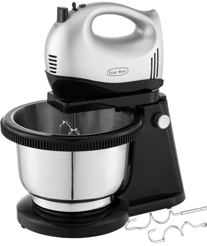 Hand and Stand Mixer Electric Set for Baking, Lightweight Mixer with Stainless Steel Bowl, 5 Speed 300W Motor with Turbo Function, 2 Beaters, 2 Hooks. Silver, Eject Easily, S3A