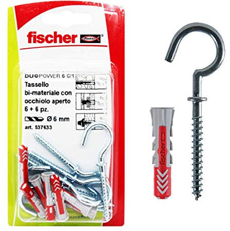 Fischer 537633 Dübel mit Schild offen DUOPOWER, grau/rot, 6 x 30 mm, 6 Stück