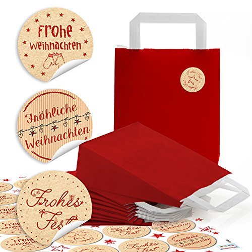 10 kleine rote Papiertüten zu Weihnachten inklusive 18 x 8 x 22 cm Advents Sticker Mini Geschenktüten zum Befüllen Qualität aus Deutschland Logbuch-Verlag