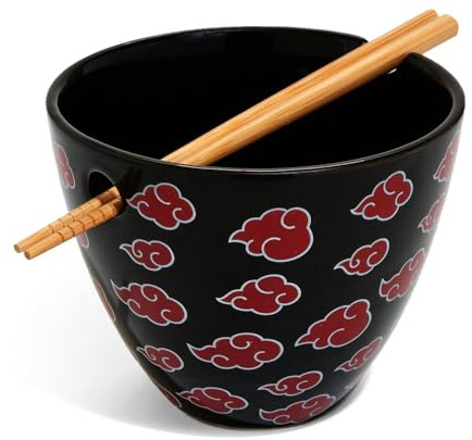 JUST FUNKY Naruto Shippuden Akatsuki Red Clouds Ramen Noodle Bowl with Reusable Bamboo Chopsticks