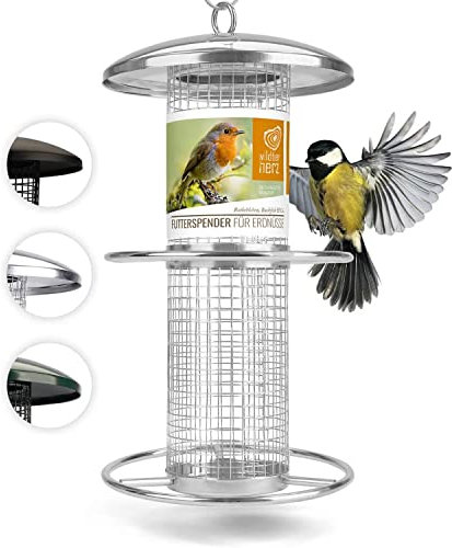 wildtier herz I Vogelfutterspender 26cm - Erdnussfutterspender aus rostfreiem Edelstahl, Vogel Futterstation, Futtersäule, Nüsse Erdnüsse, Wildvögel Futtersilo, Silber