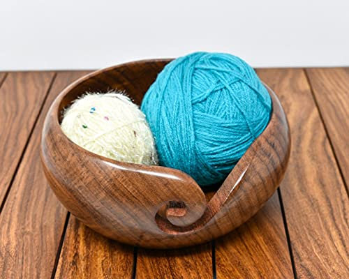 Ajuny Handmade Large Wooden Yarn Bowl with Holes Crochet Wool Ball Holder Elegant Design Decorative Knitting Bowl Storage Crocheting Accessories Gifts