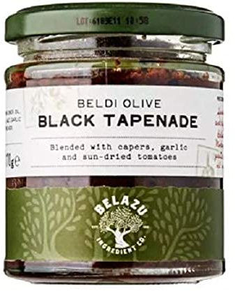 Belazu Black Olive Tapenada 170g - Rich, black, naturally-ripened Beldi olives blended with capers, garlic and sundried tomatoes to make an umami rich paste