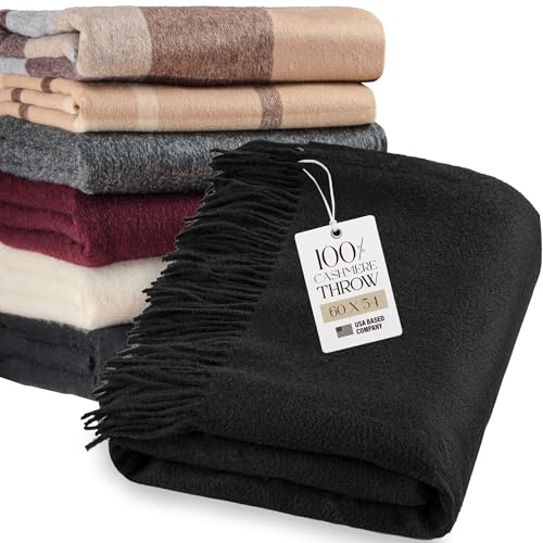 Velanio Cashmere Überwurfdecke aus 100 % Kaschmir, mit Fransen, 152,4 x 137,2 cm, super weich, warm, für Zuhause, Reisen, Sofa, Bett, Schwarz