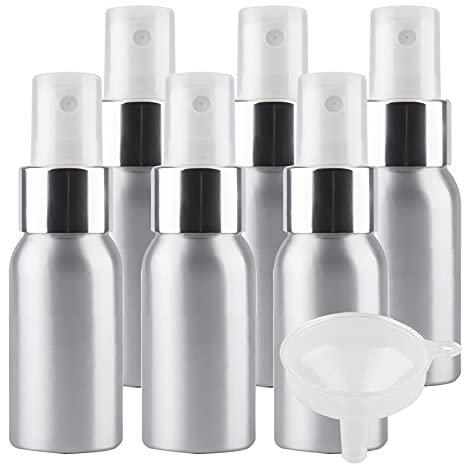 TIANZD 6 Piezas Pequeño 30 ml botella de spray pulverizador Botella de Aluminio Plata con Bomba en Blanco/Plata Niebla Fina Atomizador para Perfume Viaje Artículos de Agua Cosmético con Embudo