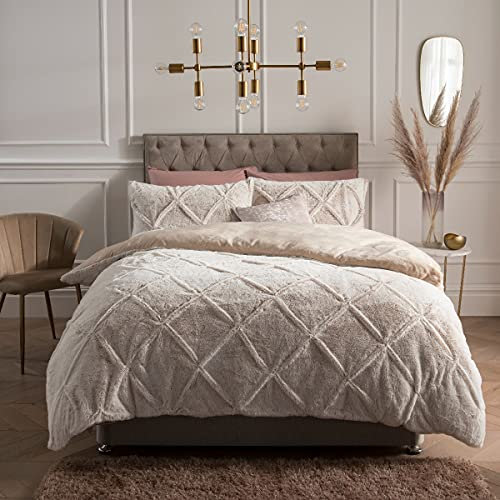 Sleepdown Ruched Diamond Faux Fur Fleece Thermal Warm Cosy Super Soft Duvet Cover Quilt Bedding Set with Pillow Case - Single (135 cm x 200 cm) - Natural
