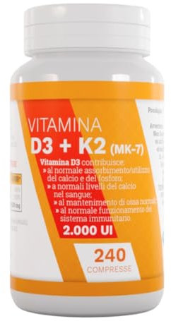 D3 K2 - Vitamina d3-k2 240 Compresse - Vit D3 2000 UI + Vit K 200 µg. Supporta Ossa, Denti, Muscoli Articolazioni & Sistema Immunitario. Vitamina D3k2 Alta Qualità - Alto Dosaggio di Vit.D3