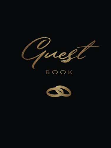 Wedding Guest Book | Elegant hardcover black and gold glitter wedding rings guestbook alternative registry sign in with address line | reception ceremony and bridal shower bride groom gift log