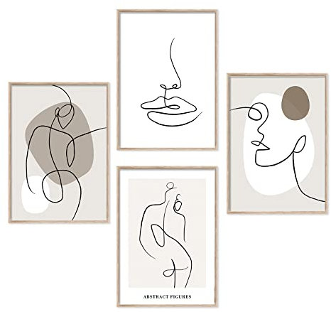 Poster Quadri Moderni, Set di Stampe da Parete di Linee Astratte, Dipinti Moderni Beige, Decorazioni da Muro per Soggiorno, Camera da Letto - Senza cornice (4xA4)