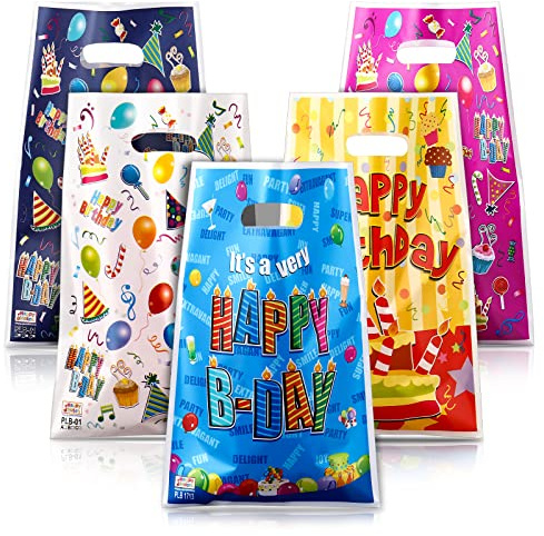 50 Pcs Party Favor Bags Birthday Goodie Candy Bags, Cute Party Favor Plastic Gift Bags Bulk Candy Treat Bags for Kids Boys Girls Birthday Party (10 x 6.8 Inch)