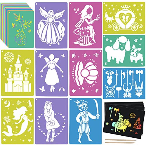 30 Schablonen für Kinder mit 5 Stück Kratzpapier, 17,8 x 24,9 cm große Bürgersteig-Kreide-Schablonen, Prinzessinnen Feen-Thema, primäre Formvorlage zum Zeichnen auf Gehweg, Boden, Wand, Heimdekoration
