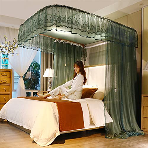 OKUOKA Moskitonetz für Bett, Anti-Mücken-Baldachin für Doppelbett, Schiebevorhänge, U-Design-Schiene, Zelt für Schlafzimmer, dekorativ, einfache Installation, grün, 2 x 2,2 m