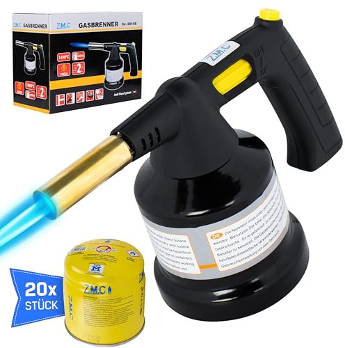 Z.M.C Quemador de gas 1,3 kW + 20 cartuchos de gas de 190 g, quemador de hasta 1350 °C, quemador Bunsen, soplete de soldadura, quemador de cocina con llama ajustable