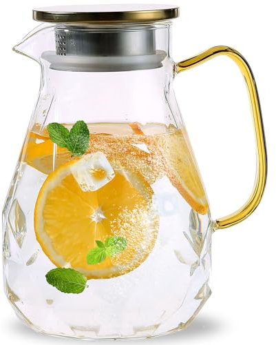 Auxmeware - Hitzebeständiger Glaskrug mit Deckel und Ausgießer, Glas Eistee Krüge Getränkekrüge für Kühlschrank, Glas Wasser Krug und Karaffe 55oz/1500ml