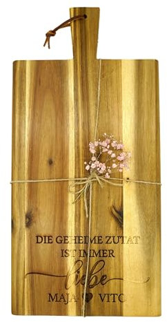 Großes Servierbrett personalisiert, aus Akazie/Olivenholz, Hochzeitsgeschenk, Paargeschenk mit Herz zur Hochzeit, die geheime Zutat ist immer Liebe