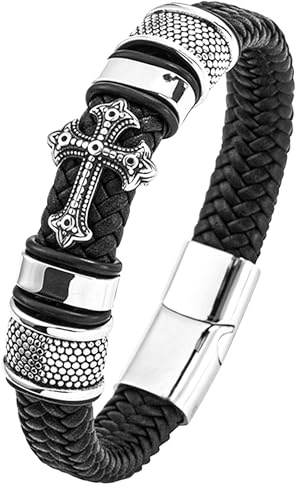 Mochity Pulsera Hombre, Pulsera Cuero Hombre, Pulseras Hombre Con Cierre Magnético, Pulsera Cruz De Cuero Hombre, Pulseras Vikinga, Pulsera Acero Inoxidable Hombre, Con Caja De Regalo