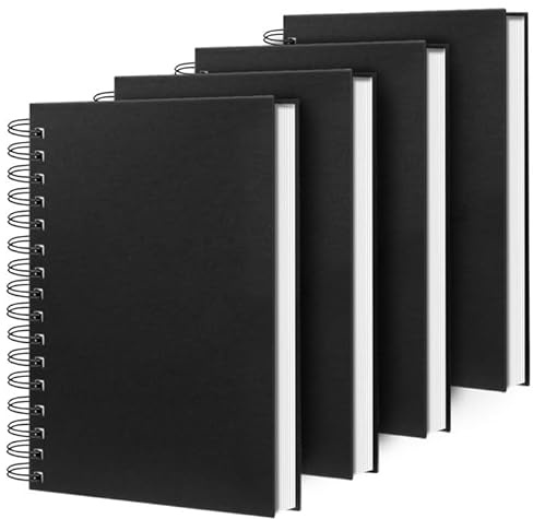 Ouzoustate Lined Spiral Notebook A4 Large Black Journal 8.5 x 11-4 Pack 7mm College Ruled Hardcover Notebooks 160 Pages 100GSM Thick Paper for Note Taking School Office Supplies