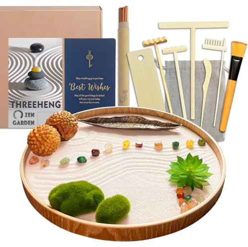 Threeheng Japanese Zen Garden Kit for Desk, Sand Tray Therapy Kit Meditation Gifts - 12'' Large Round Bamboo Tray, HD-ZG-04 | Shape white zen garden sand in a 12-inch round tray with 7 rakes, textured spheres, moss, pebbles, and lotus flower