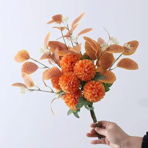 GeRRiT Ramo de crisantemos artificiales de seda, flores de crisantemo, hojas de flores de Navidad, hojas falsas para boda, hogar, decoración de bricolaje, naranja