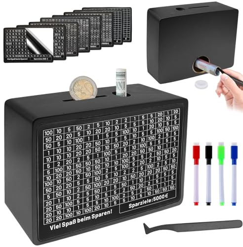 Spardose Holz, Sparbox Mit Sparziel, Spardose mit ZäHler, Sparbox mit Zahlen Ankreuzen,€500 €1,000 €2,000 €3,000 €5,000 €10000 und DIY Blankokarte, Keine Montage Erforderlich