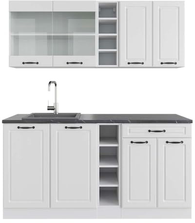 Vicco Singleküche R-Line, Weiß Landhaus/Weiß, 160 cm | 6 Module · Höhenverstellbare Füße · AP Anthrazit inkl. · MDF-Fronten · Mit offenen Regalen · Frei kombinierbar
