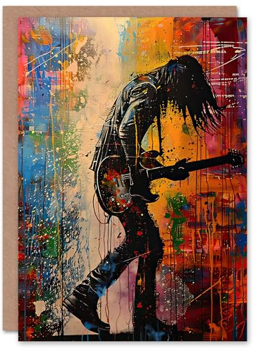 Greeting Card Grunge Rock Music Guitarist Colourful Portrait Blank For Him Or Her Art Birthday Card