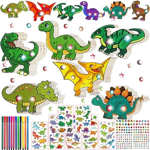 FZYESNO Dino Bastelset - 24 Teile, 6 Formen, Holz Bastelset für Kinder, Kindergeburtstag - Geschenk für Jungen/Mädchen