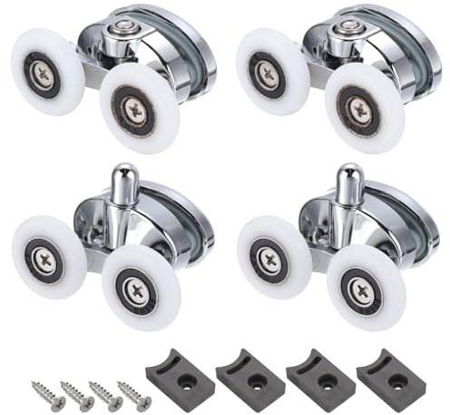 sourcing map Duschtürrollen, 23 mm Durchmesser, ABS, Badezimmer-Glastür, oben unten, Doppelrollen für 4–5 mm Glastür, Küche, Schiebetür-Riemenscheiben, Ersatz mit Schraube, silberfarben, 4 Stück