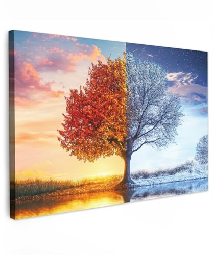 MuchoWow© Leinwand Groß XXL Deko Schlafzimmer Aesthetic Leinwandbilder | 120x80 cm - Wohnzimmer Gemälde Foto Geschenk Living Room Decoration Jahreszeiten - Kunst - Baum - Herbst - Winter