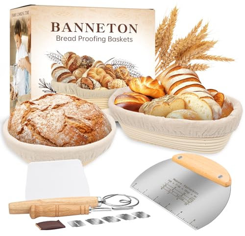 Banneton Bread Proofing Basket, 9 Round & 10 Oval Sourdough Bread Baking Supplies, Bread Making Supplies Tools with Bread Lame, Danish Whish, Bowl Scraper, Sourdough Scraper, and Linen Liners