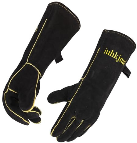 iuhkjnuh Fireplace Gloves Fire Heat Resistant: Fireproof Leather for Fireplace Fire Pit Wood Stove Campfire Furnace BBQ Grill Stick Mig Welding Welder Gear (M)