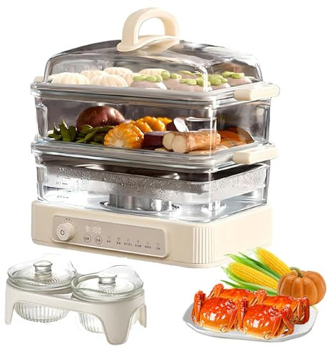 Vaporera Eléctrica para Alimentos, Vaporera De Alimentos para Cocción Multifuncional De 1500 W, Reserva De Larga Duración De 12 Horas, con Vaporera Digital De 2 Niveles, 6 Modos De Calentamiento