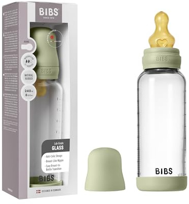 BIBS Baby Glass Bottle. 240ml Biberon en verre. Anti-colique. Embout rond en latex de caoutchouc naturel. Favorise l’allaitement naturel, 240ml, Complete Set - Sage