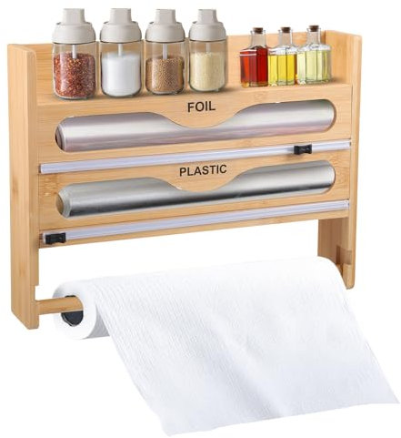 Folienspender mit Cutter, 4 in 1 Folienschneider aus Bambus, Frischhaltefolie Abroller Folienspender mit Küchenrollenhalter, Kitchen Organizer Aufbewahrung für Aluminiumfolie, Frischhaltefolie