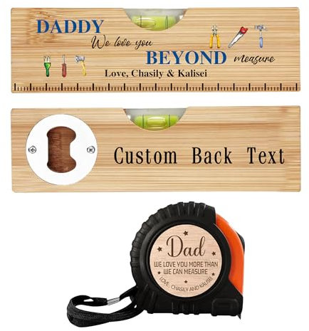 Ensemble de mètre ruban personnalisé pour la fête des pères et décapsuleur en bambou, cadeau d'anniversaire personnalisé pour papa, papa, mari, lui (style 4)