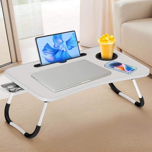 Huracan Plateau de Lits, Table de Lit Pliable, Support Ordinateur Portable Lit avec 3 Ports USB/Tiroir/Porte Gobelet/Poignée, Bureau PC pour Canapé, Sol (60x40cm, Blanc)