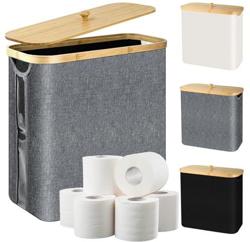 28L Toilettenpapier Aufbewahrung Korb mit Deckel aus Bambus und Griff, Bambus Toilet Paper Organizer Badezimmer Organizer, Klopapier Aufbewahrung für 9-12 Rollen Klopapier, 44 x 18 x 40 cm (Grau)