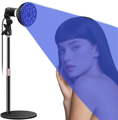 Lampe bronzante pour visage et corps : 18 LED avec thérapie par la lumière bleue de 54 W et longueur d'onde de 460 nm - Base et support réglables en hauteur - E27 - Lunettes autobronzantes pour usage