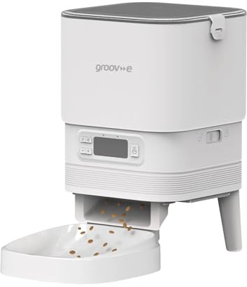 Groov-e Pet-Tech Automatic Pet Feeder – Cat and Small Dog Dry Food Dispenser, 4L Capacity, Up to 6 Meals a Day, Airtight Lid, LED Display – Battery or Mains Powered – White