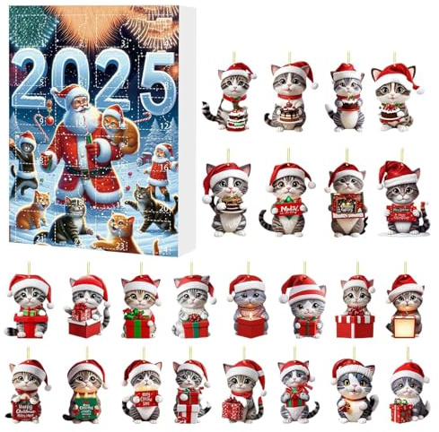 Julkatt kalender – 24-dagars akrylprydnadsset, söt kattunge hänge adventskalektion, dekorativ katt tema tillbehör presentförpackning | Kalender för ryggsäck butik