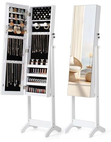 Nicetree Jewelry Cabinet Armoire, Freestanding Jewelry Armoire Organizer with Full-Length Mirror, Lockable Jewelry Storage Cabinet, Frameless Mirror, 3 Adjustable Angles, Moon White