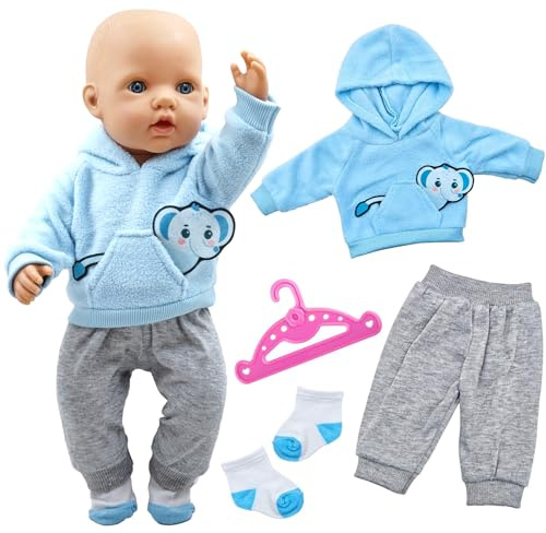 BBEUU Puppenkleidung 35-43cm, Kapuzenpullover Baby Puppen Kleidung | Puppenzubehör für 14-17 Zoll mit Blaue Elefant Hoodie, Hosen, Socken, Kleiderbüge, Geschenk Für Jungen Mädchen