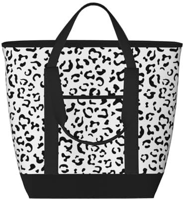 asbwuo Sac cabas isotherme léopard noir et blanc – Grand format, imperméable et adapté au contact alimentaire, idéal pour faire les courses, déjeuner, pique-niquer et emporter des plats.