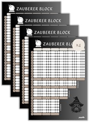 papello Zauberer Block Ersatzblock 4 Stück A5 – Spielblock für Zauberer Kartenspiel, umweltfreundlicher Druck aus starkem und weißem Recyclingpapier, schwarz (4, A5)