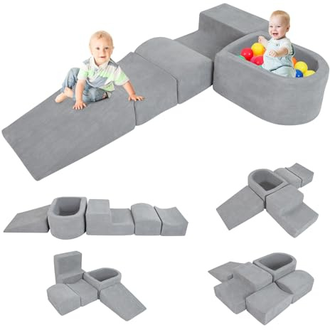 FANTASK 5-teilige Schaumstoffbausteine XXL, Riesen Kletterblöcke mit Bällebad, Großbausteine zum Toben & Klettern, Soft Spielbausteine für Zuhause, Kinderzimmer & Spielzimmer (Grau, Cordstoff)