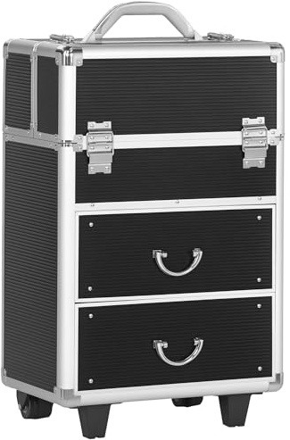 HOMCOM Maletín de Maquillaje Profesional Estuche para Cosméticos con Ruedas Maleta de Maquillaje con 6 Cajones Extensibles Cerradura 2 Llaves y Asa Retráctil 36x23x58 cm Negro