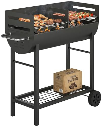 Outsunny Charcoal Barbecue Grill with 2 Cooking Areas, Portable BBQ Trolley with Wheels, Height Adjustable Grates, Side Handle, Bottom Shelf, Metal Outdoor Cooker for Garden Camping, Picnic, Party