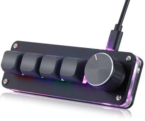 Koolertron 4 Tasten Programmierbare Tastatur Tragbar Mini mit Drehknopf | Vollständig Anpassbare Makro Tastatur mit RGB-Beleuchtung, 6 Ebenen einstellbar, Gaming Tastatur für Spiele Büro Medien Musik