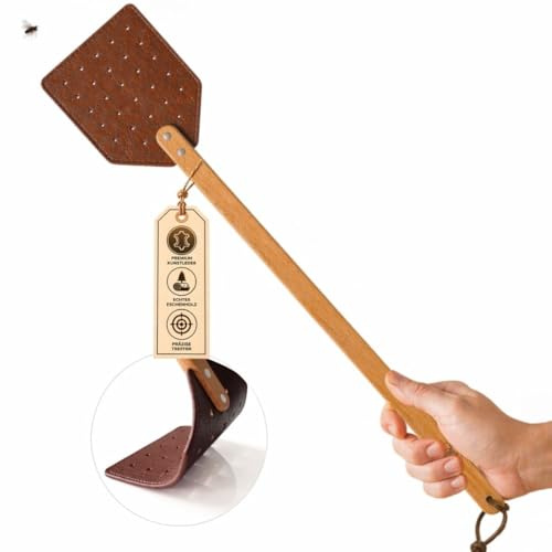 Premium Fliegenklatsche 1er Set Leder Mückenklatsche Holzgriff 51cm | Fliegenschläger flexibel, Insektenvernichter stabil, Fliegenschutz, Fly swatter, Mückenschläger für Haushalt, Garten, Camping